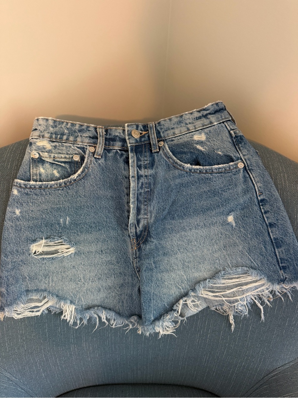 Zara Distressed High-Waist Denim Shorts - Blue
